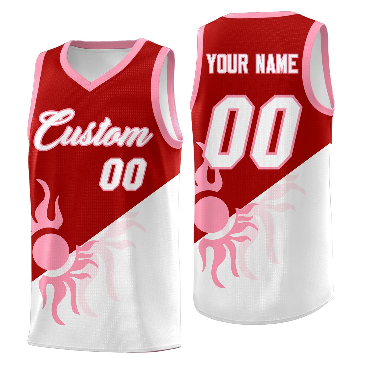 Custom Youth Basketball Jerseys - Red White Sunburst Design Two Tone Uniforms