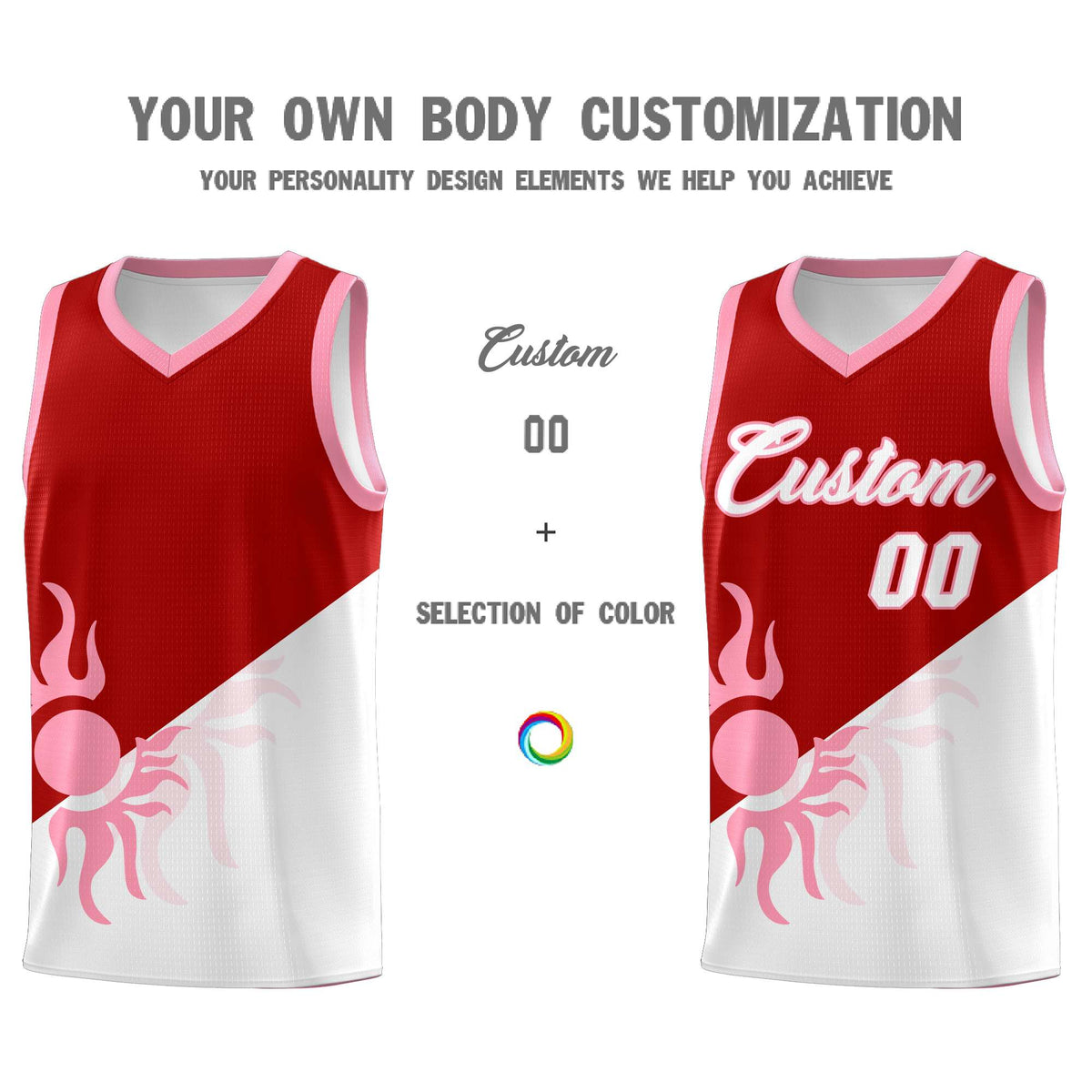 Custom Youth Basketball Jerseys - Red White Sunburst Design Two Tone Uniforms
