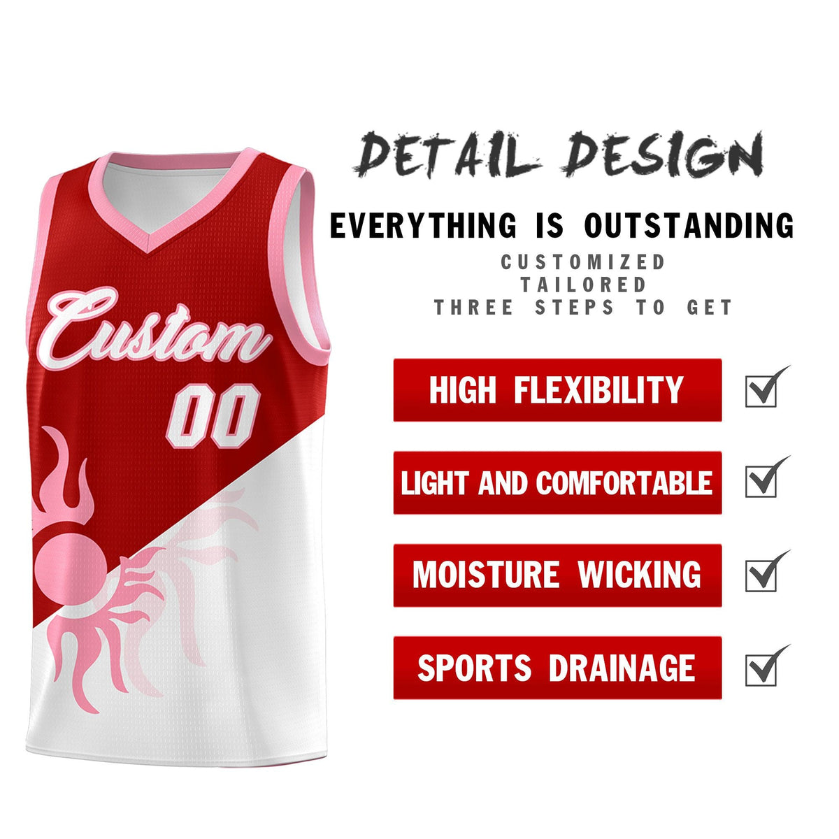 Custom Youth Basketball Jerseys - Red White Sunburst Design Two Tone Uniforms