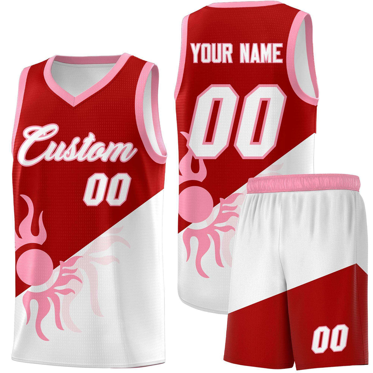 Custom Youth Basketball Jerseys - Red White Sunburst Design Two Tone Uniforms