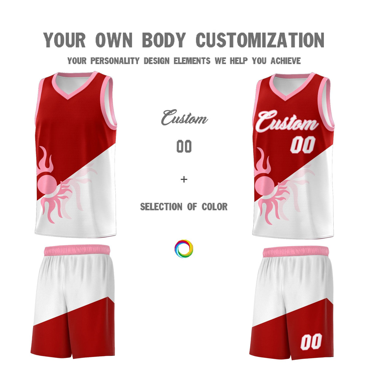 Custom Youth Basketball Jerseys - Red White Sunburst Design Two Tone Uniforms