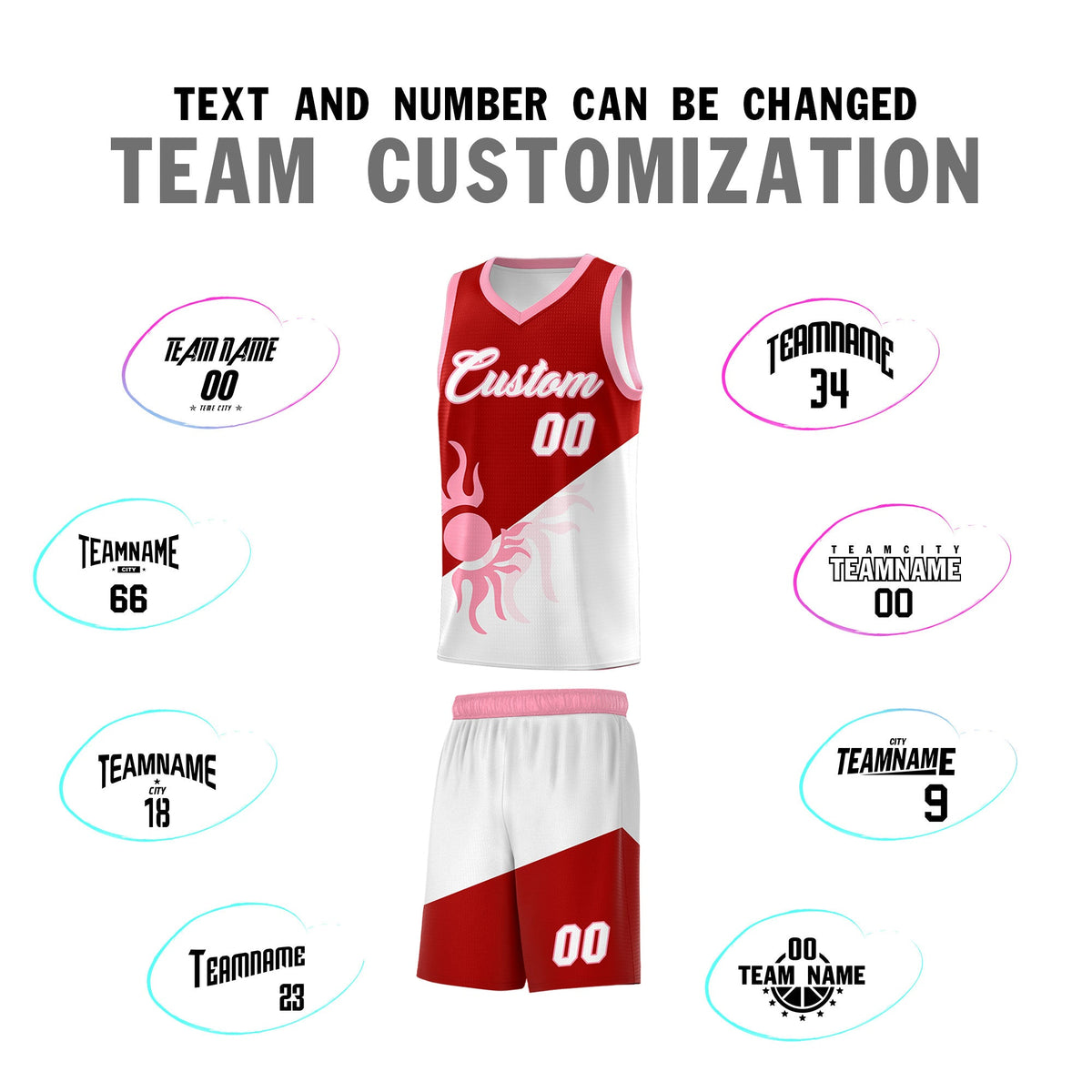 Custom Youth Basketball Jerseys - Red White Sunburst Design Two Tone Uniforms