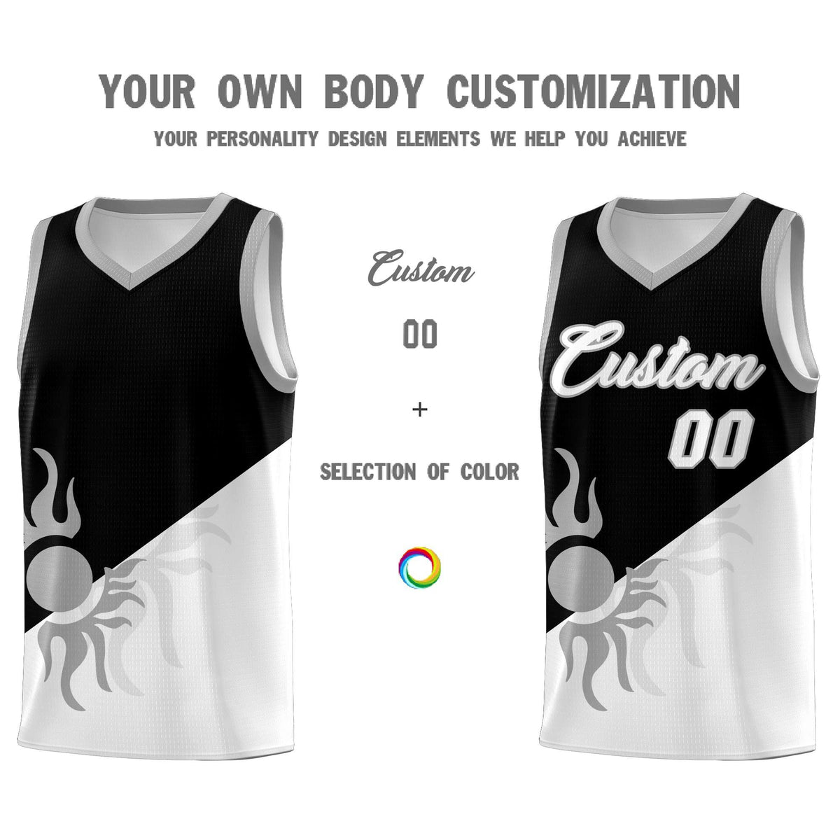 Custom Youth Basketball Jerseys - Black White Radiant Sun Design Two Tone Uniforms