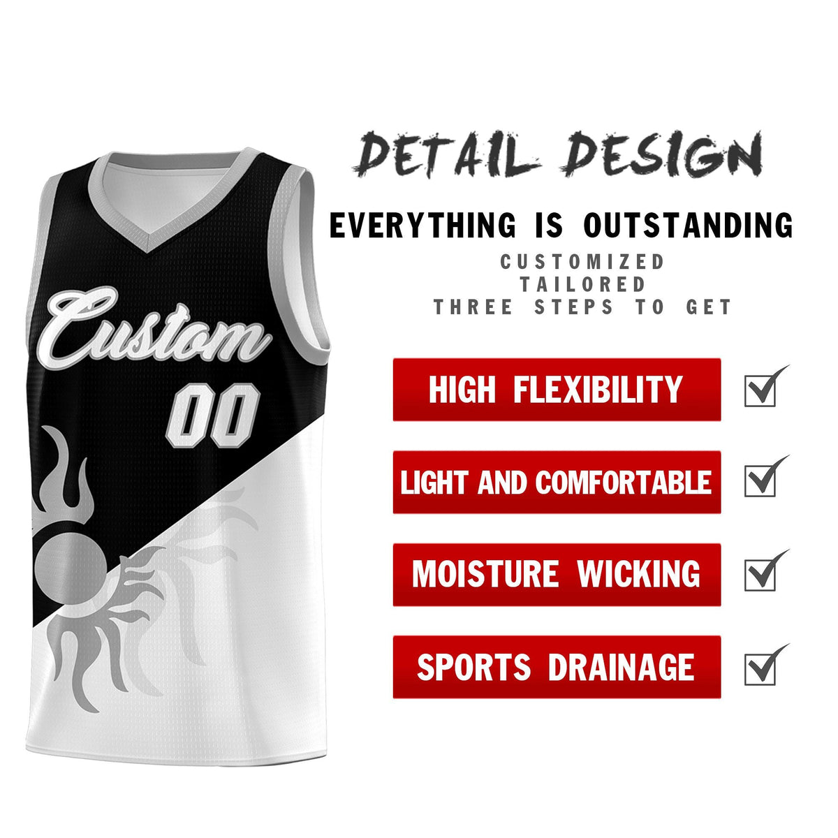 Custom Youth Basketball Jerseys - Black White Radiant Sun Design Two Tone Uniforms