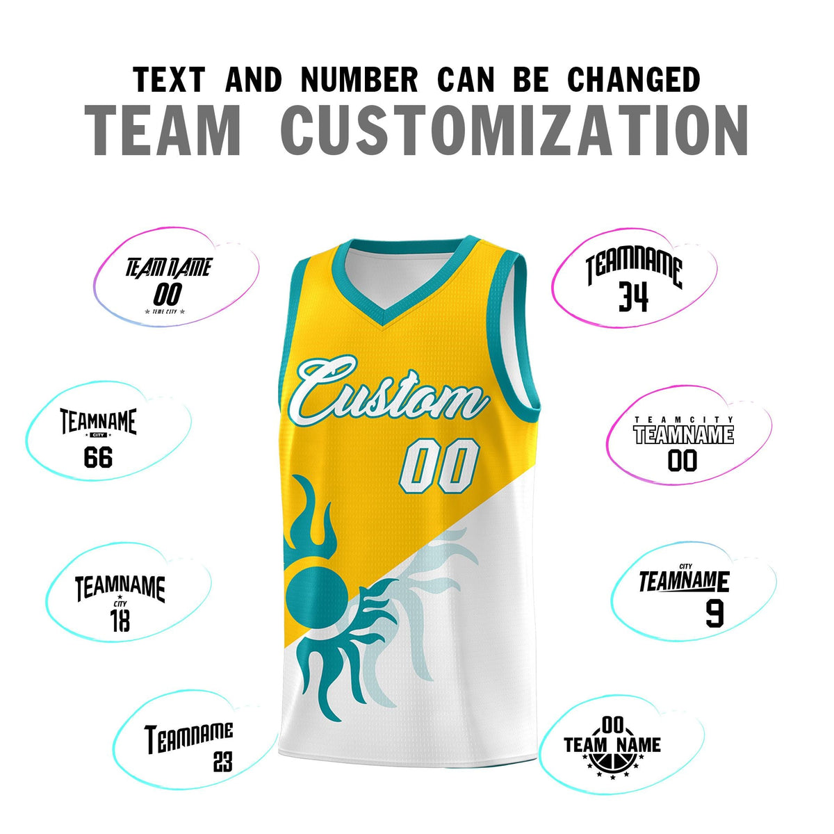 Custom Youth Basketball Jerseys - Yellow White Sunburst Design Two Tone Uniforms