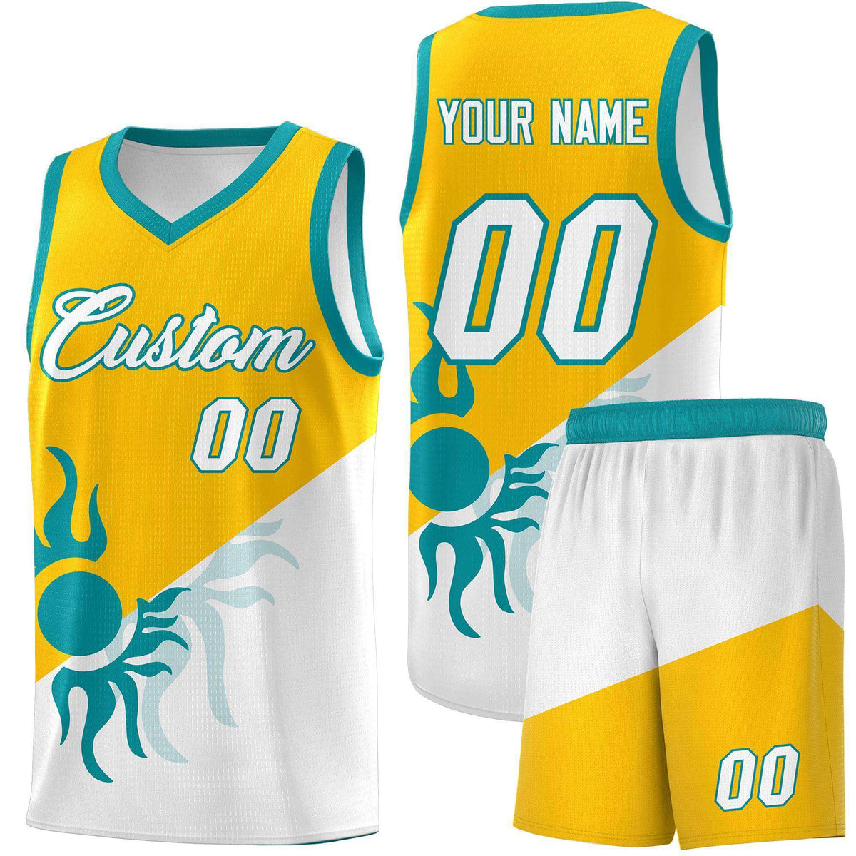Custom Youth Basketball Jerseys - Yellow White Sunburst Design Two Tone Uniforms