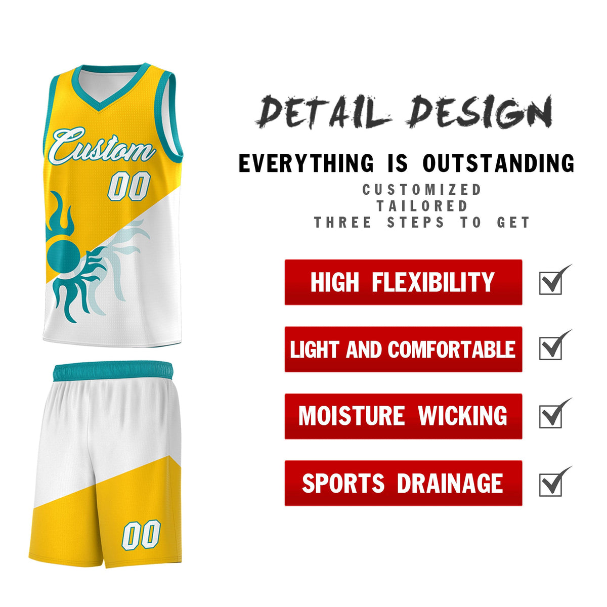 Custom Youth Basketball Jerseys - Yellow White Sunburst Design Two Tone Uniforms