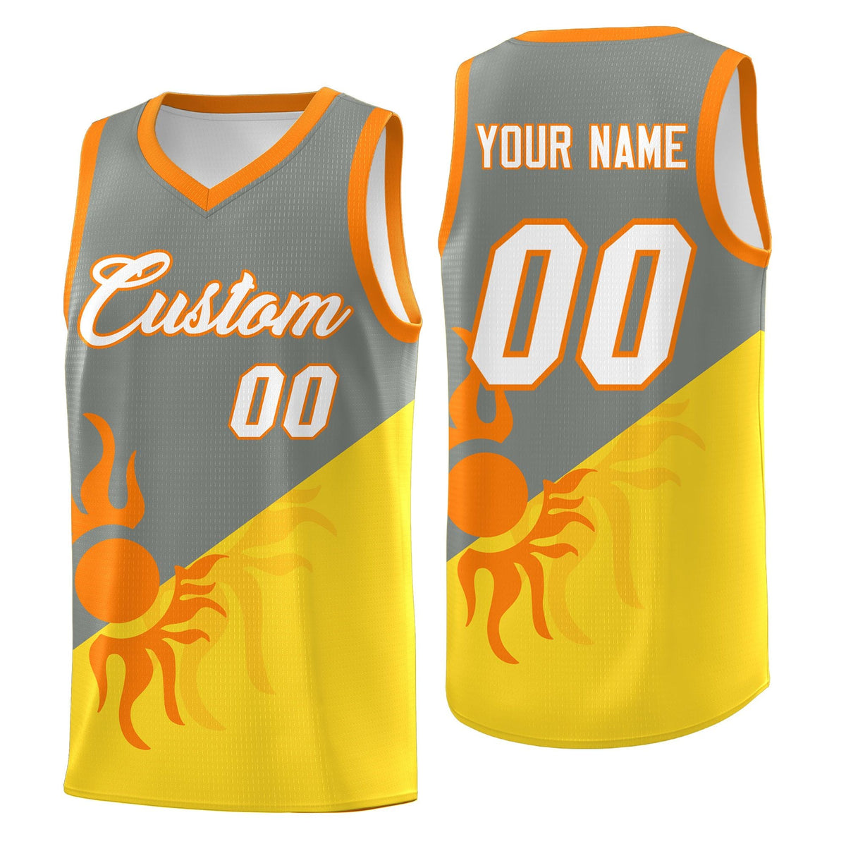 Custom Youth Basketball Jerseys - Gray Gold Radiant Sun Design Two Tone Uniforms
