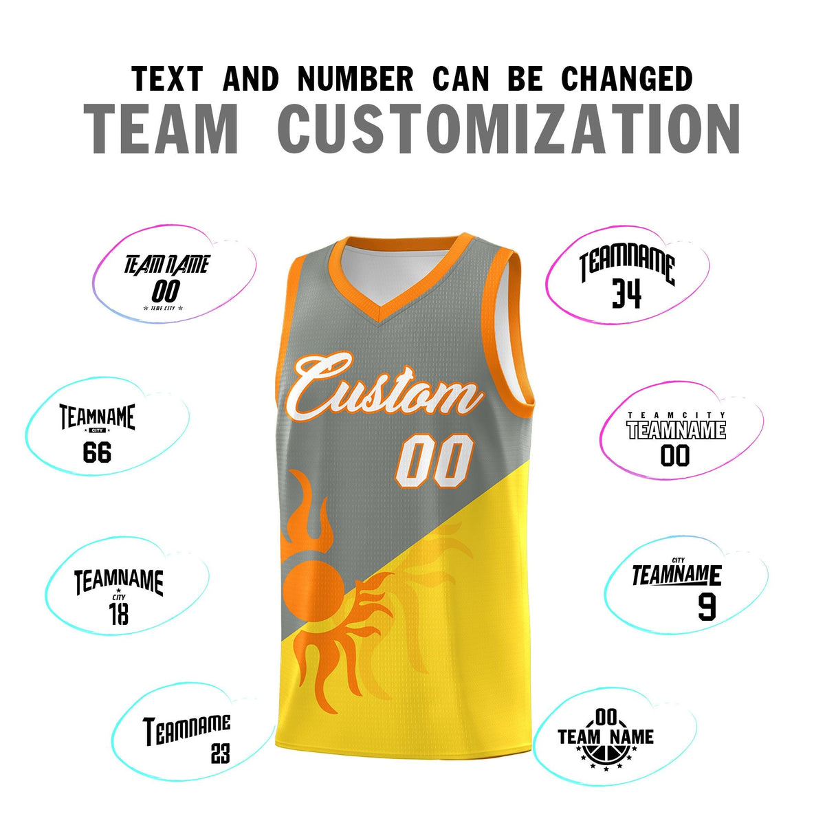 Custom Youth Basketball Jerseys - Gray Gold Radiant Sun Design Two Tone Uniforms
