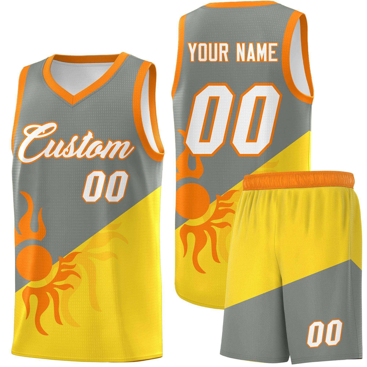 Custom Youth Basketball Jerseys - Gray Gold Radiant Sun Design Two Tone Uniforms