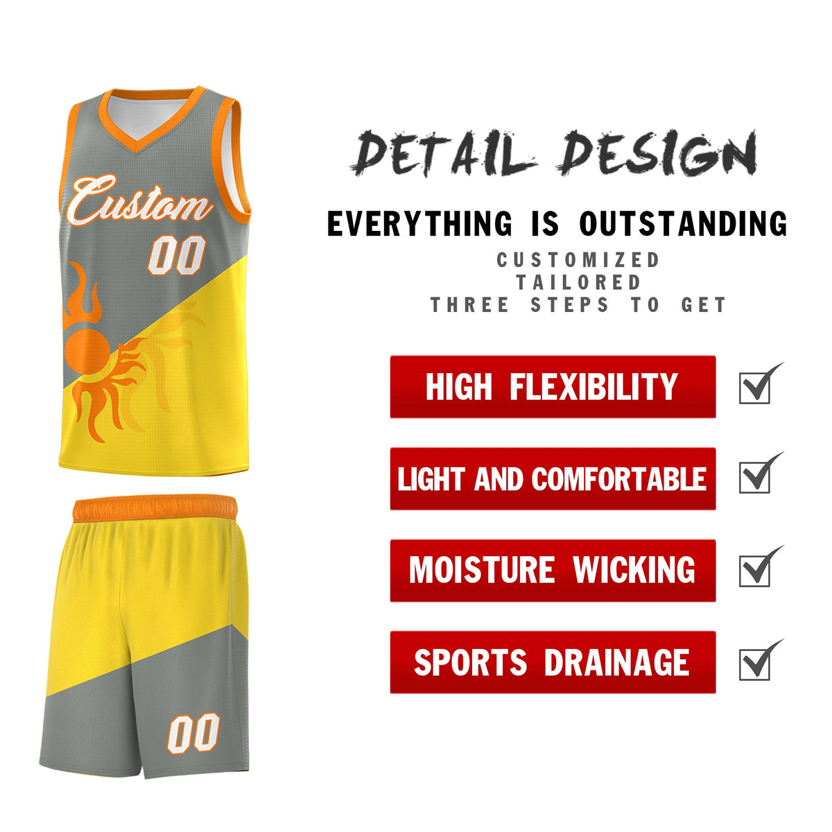 Custom Youth Basketball Jerseys - Gray Gold Radiant Sun Design Two Tone Uniforms