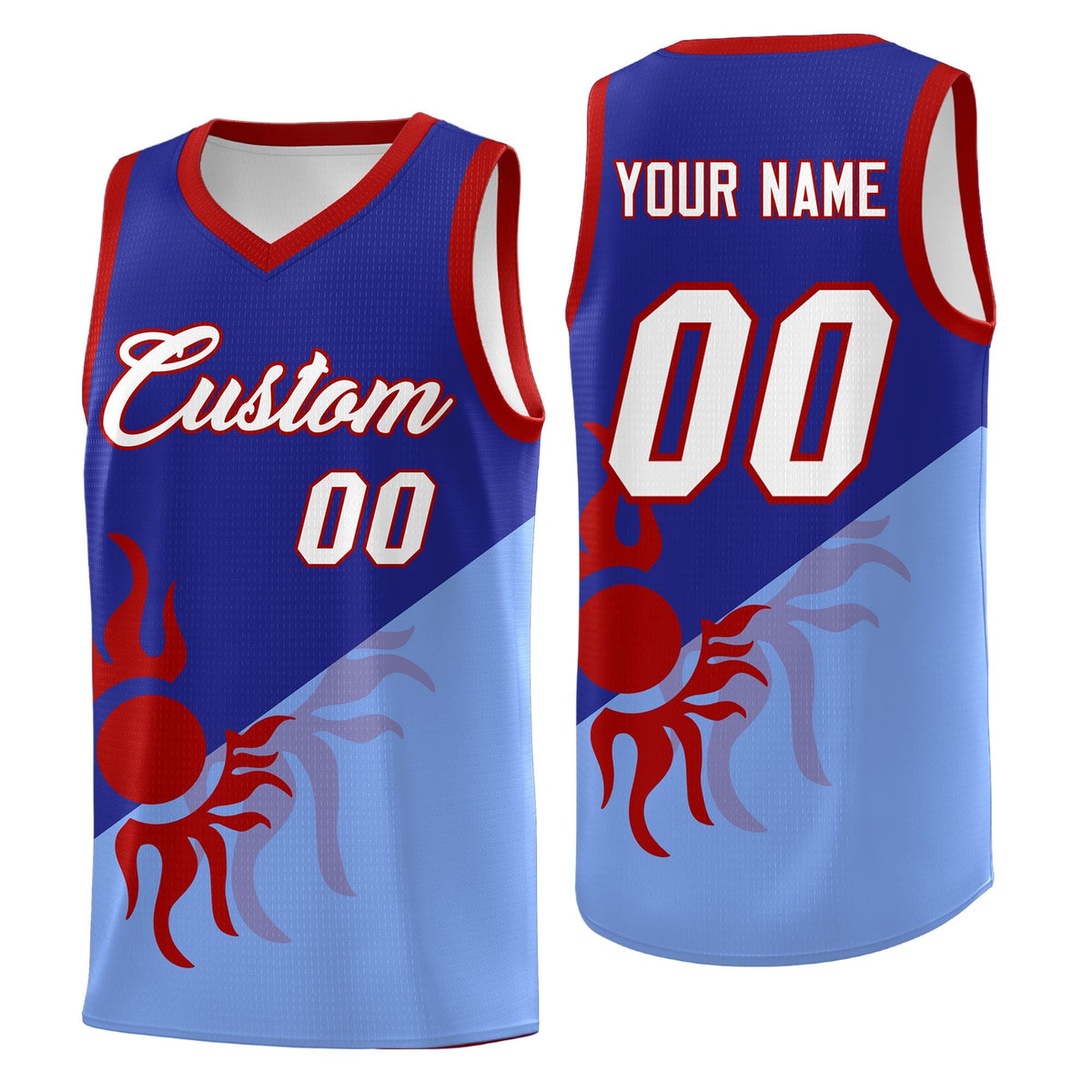 Custom Youth Basketball Jerseys - Royal Light Blue Sunburst Design Two Tone Uniforms