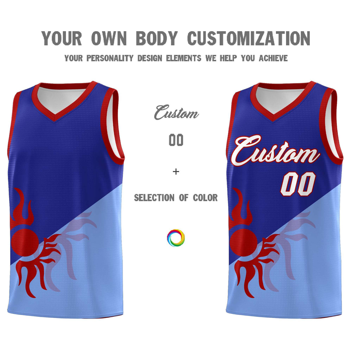 Custom Youth Basketball Jerseys - Royal Light Blue Sunburst Design Two Tone Uniforms