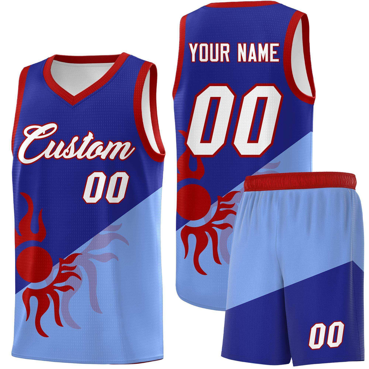Custom Youth Basketball Jerseys - Royal Light Blue Sunburst Design Two Tone Uniforms