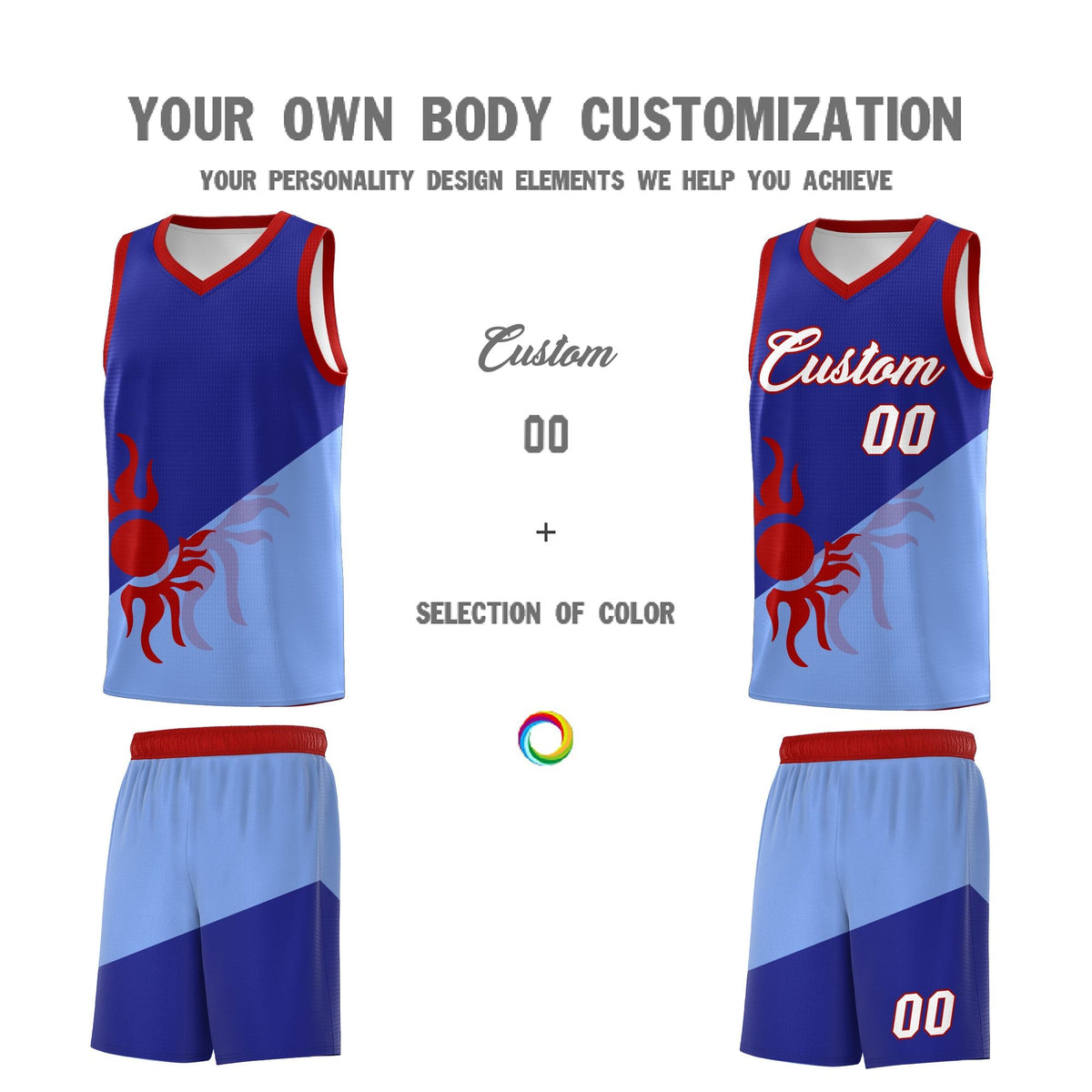 Custom Youth Basketball Jerseys - Royal Light Blue Sunburst Design Two Tone Uniforms