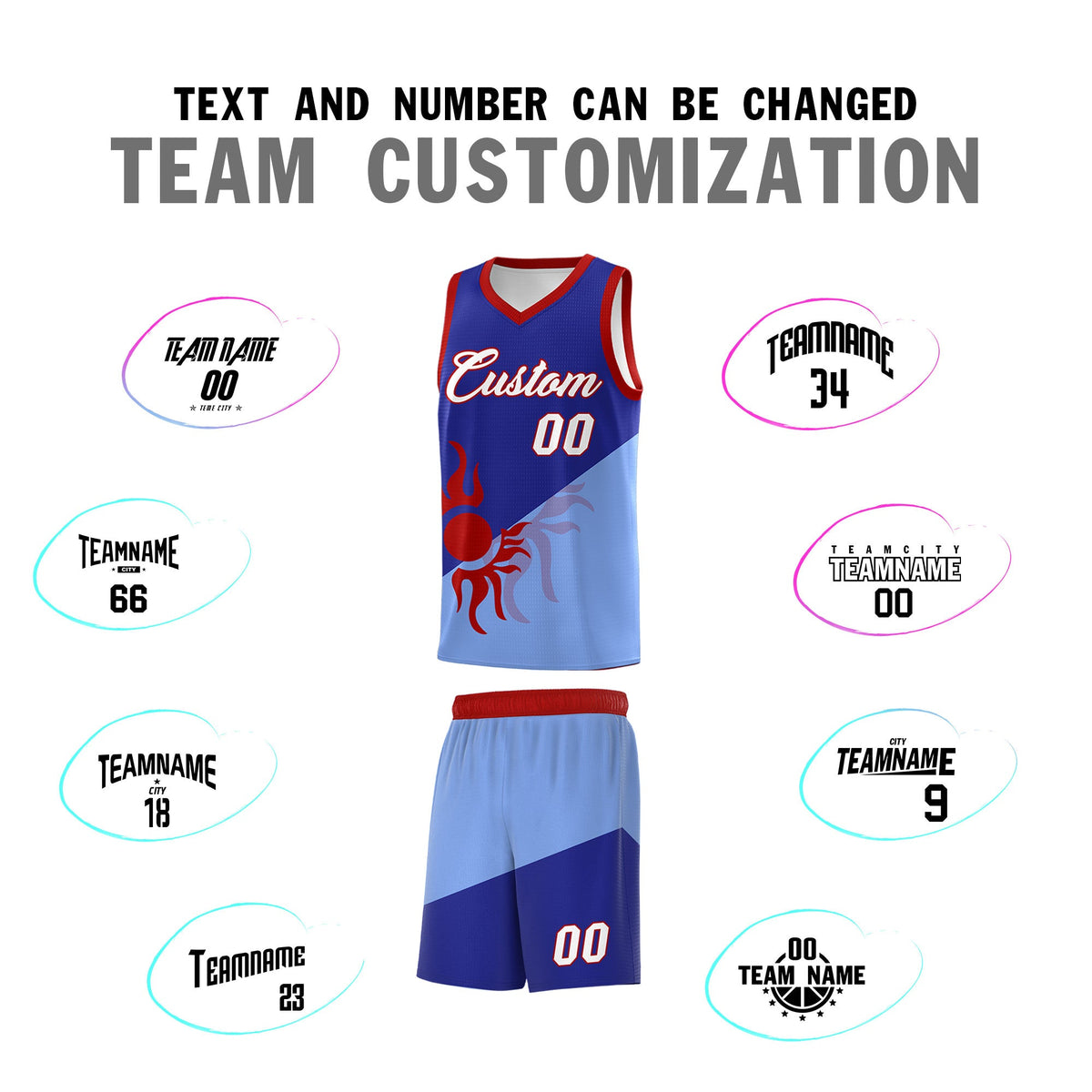 Custom Youth Basketball Jerseys - Royal Light Blue Sunburst Design Two Tone Uniforms