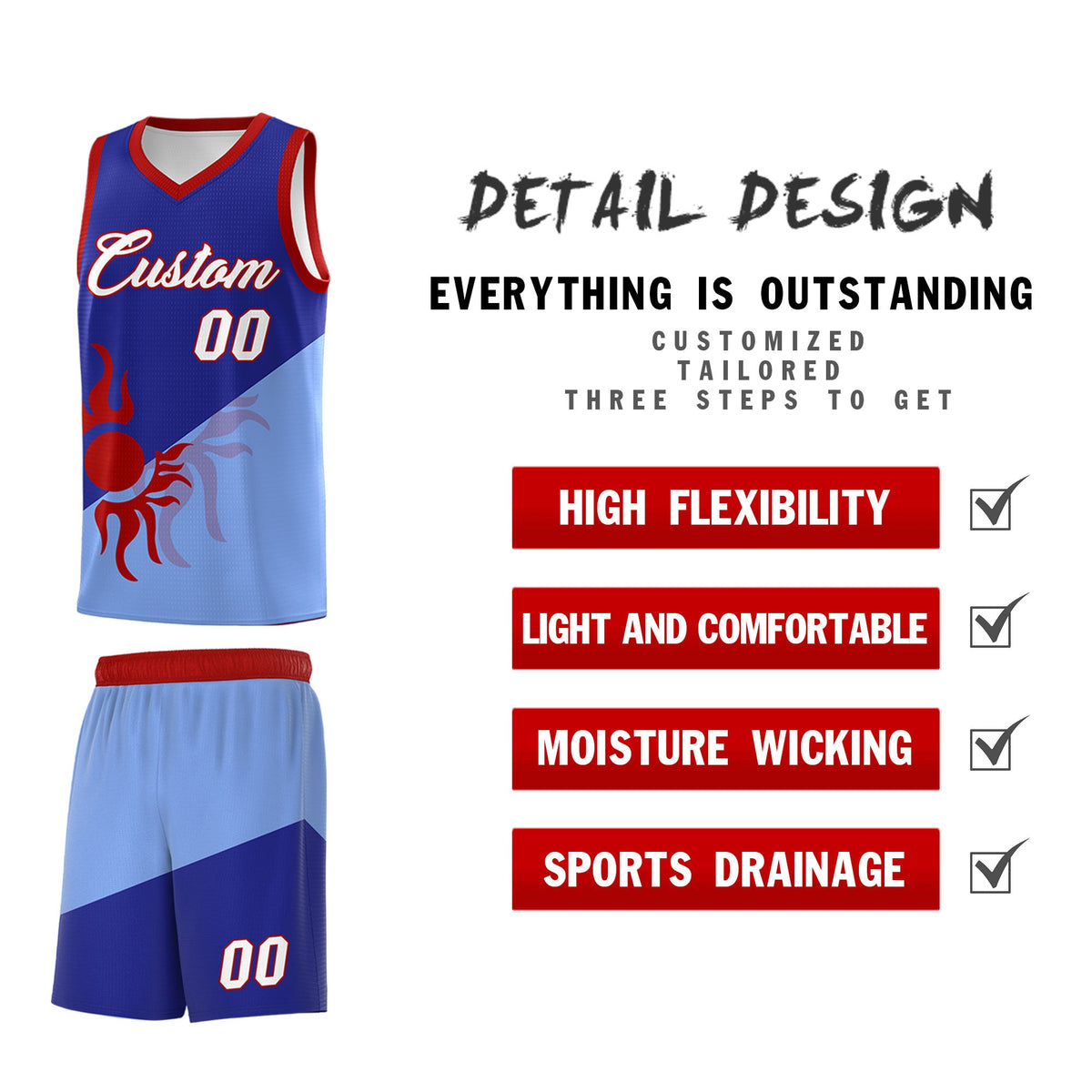 Custom Youth Basketball Jerseys - Royal Light Blue Sunburst Design Two Tone Uniforms