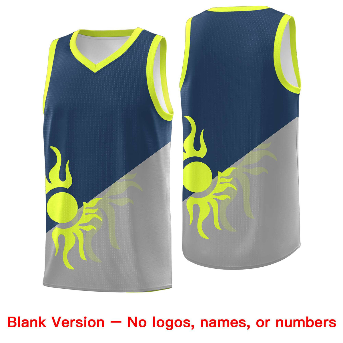 Custom Youth Basketball Jerseys - Gray Midnight Blue Radiant Sun Design Two Tone Uniforms