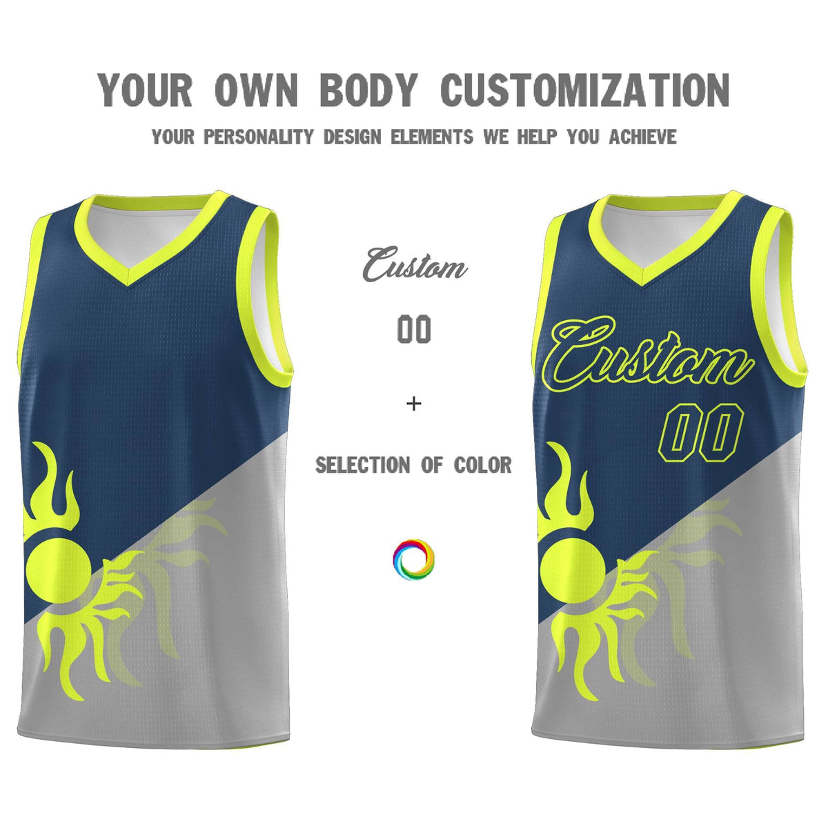 Custom Youth Basketball Jerseys - Gray Midnight Blue Radiant Sun Design Two Tone Uniforms