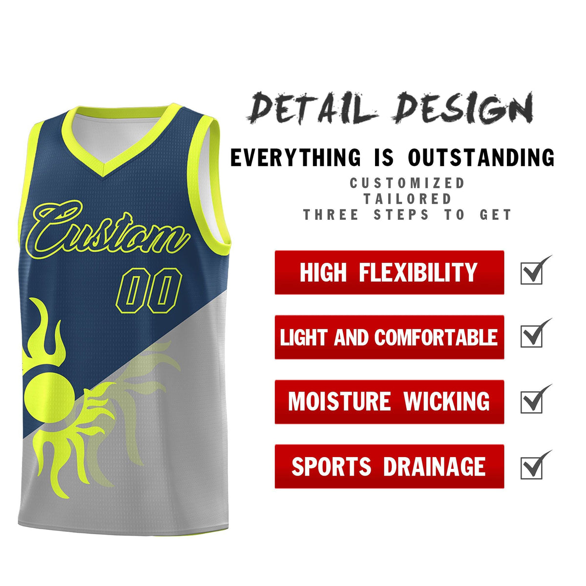 Custom Youth Basketball Jerseys - Gray Midnight Blue Radiant Sun Design Two Tone Uniforms