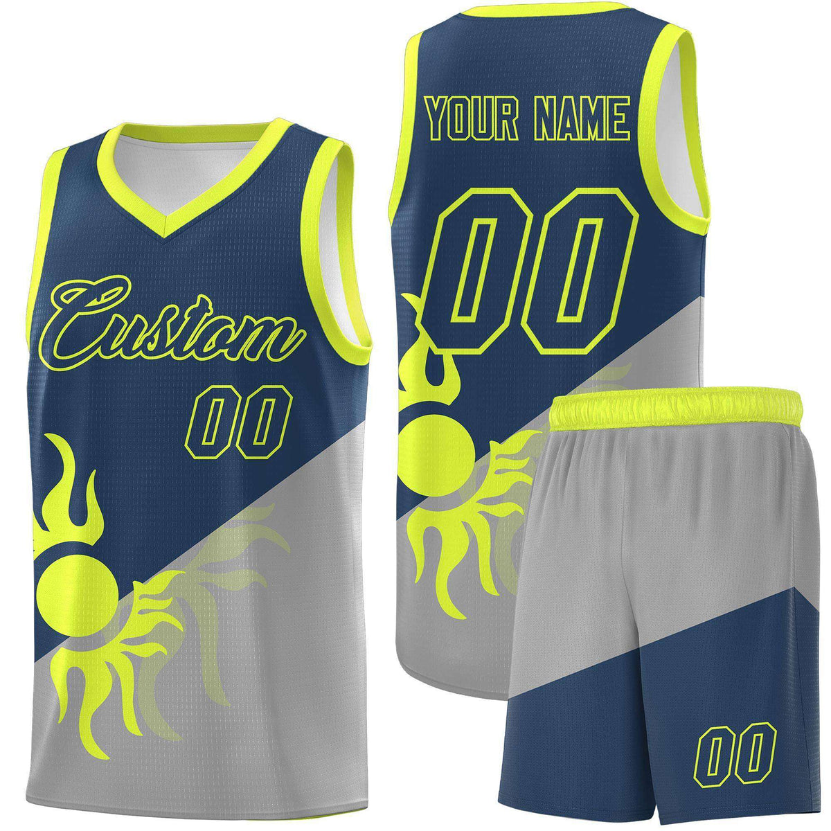 Custom Youth Basketball Jerseys - Gray Midnight Blue Radiant Sun Design Two Tone Uniforms