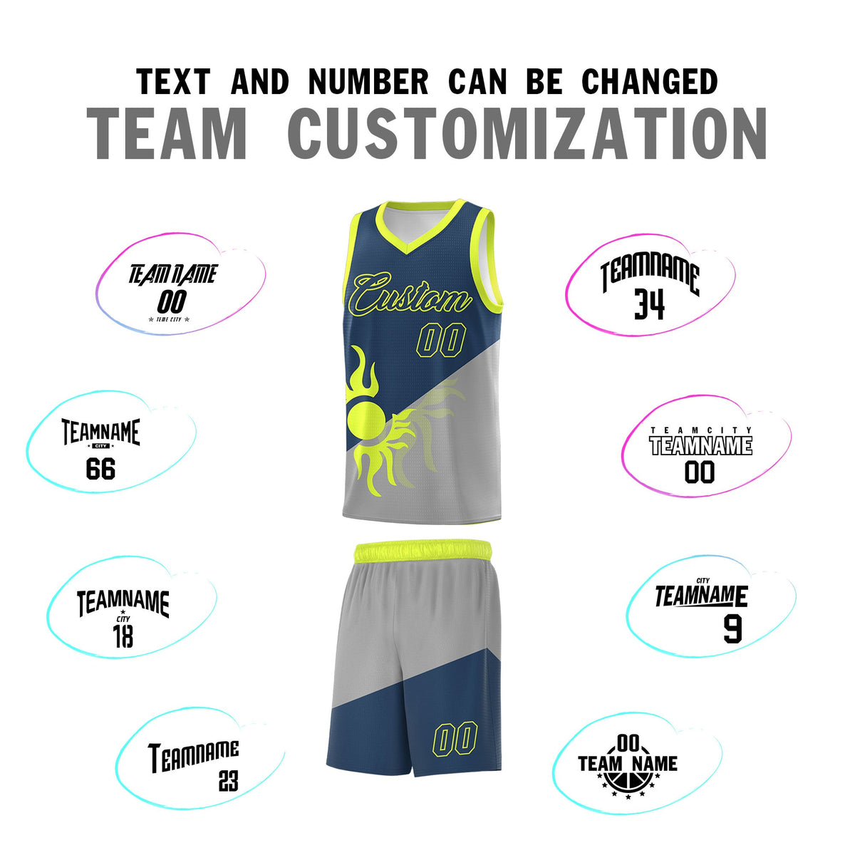 Custom Youth Basketball Jerseys - Gray Midnight Blue Radiant Sun Design Two Tone Uniforms