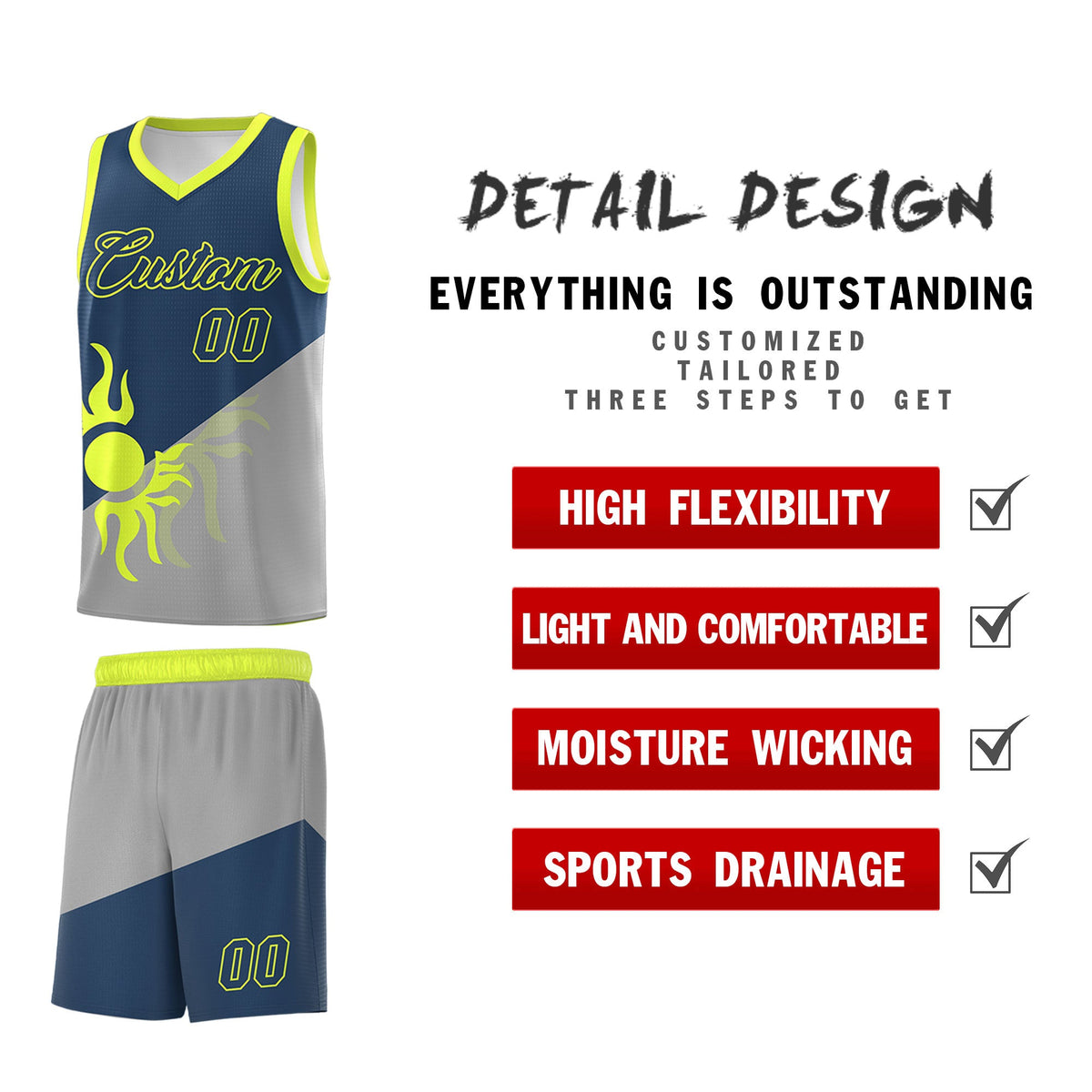 Custom Youth Basketball Jerseys - Gray Midnight Blue Radiant Sun Design Two Tone Uniforms