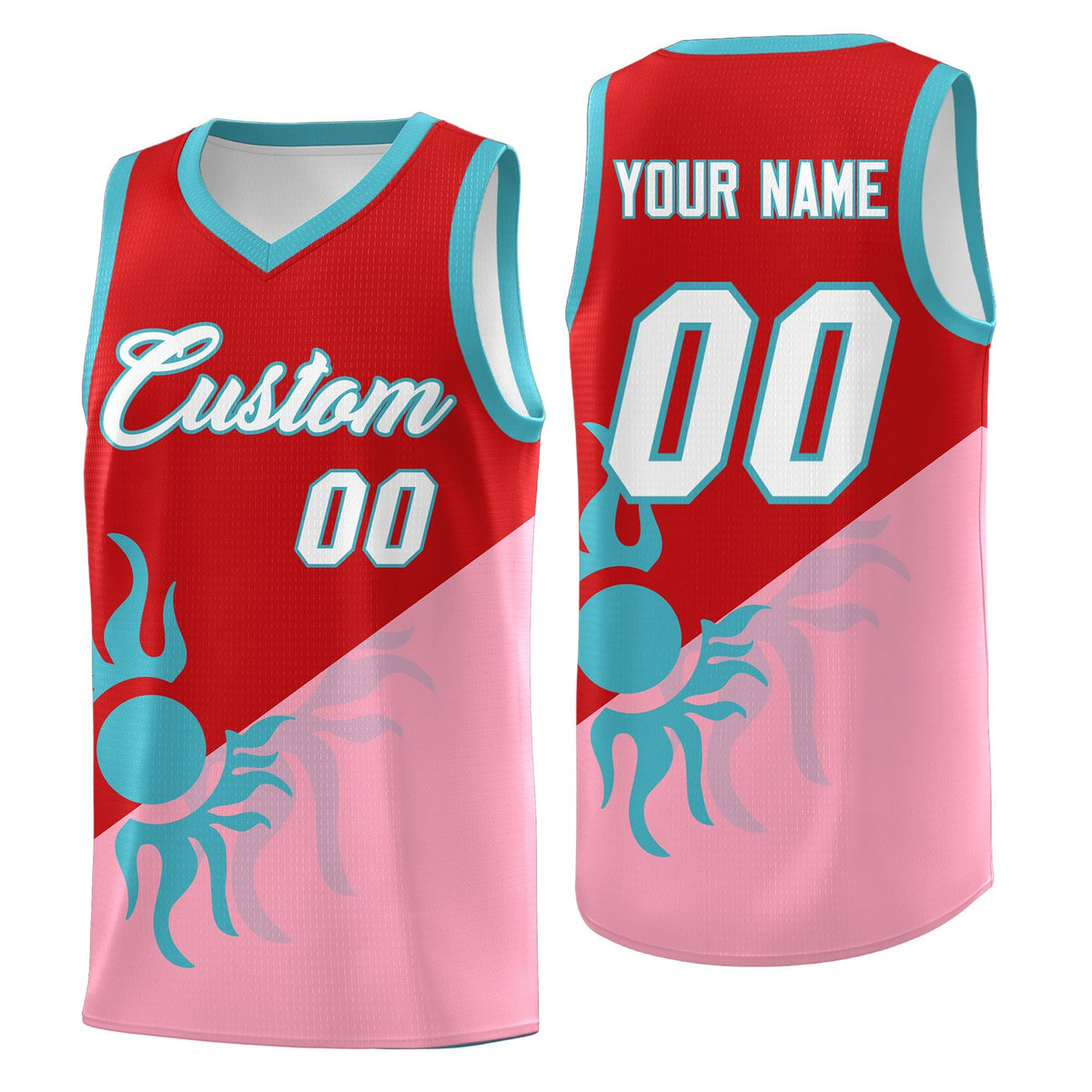 Custom Youth Basketball Jerseys - Red Light Pink Sunburst Design Two Tone Uniforms
