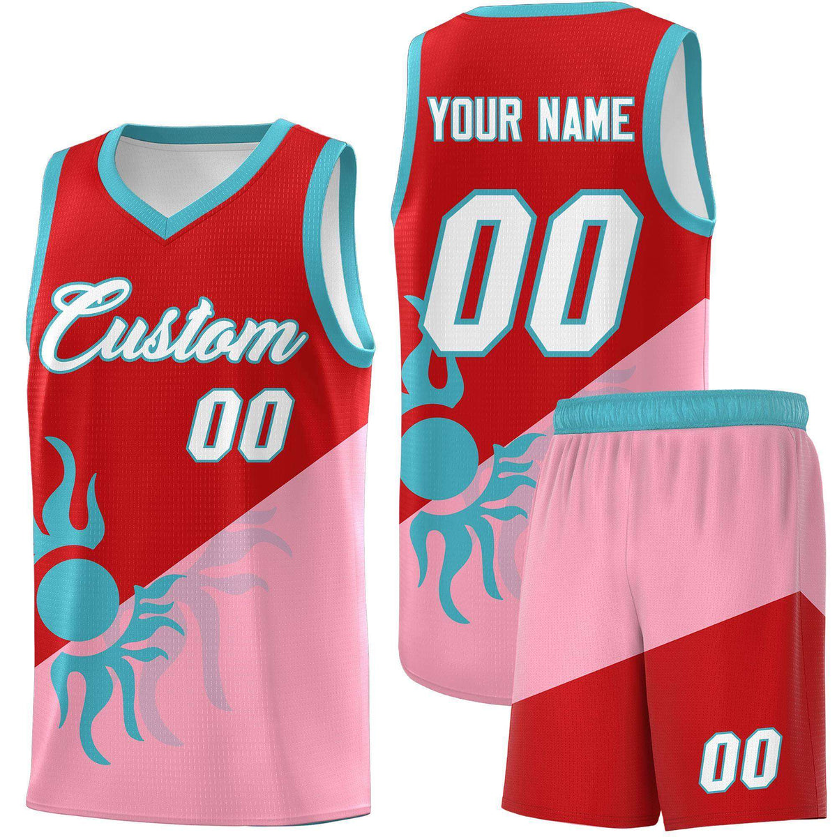 Custom Youth Basketball Jerseys - Red Light Pink Sunburst Design Two Tone Uniforms