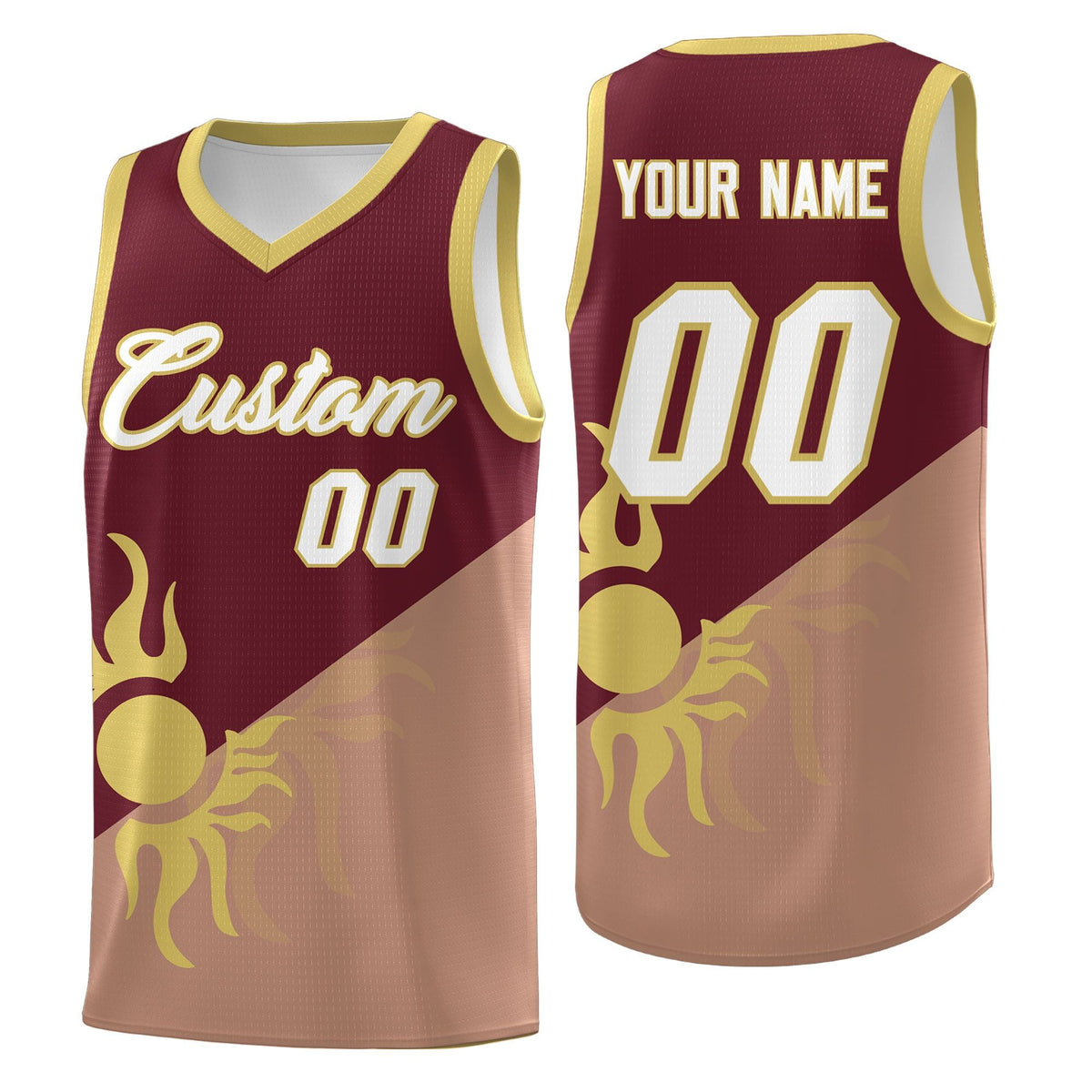 Custom Youth Basketball Jerseys - Maroon Coffee Radiant Sun Design Two Tone Uniforms