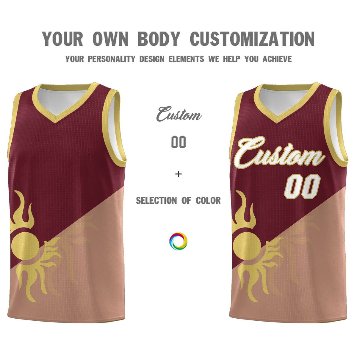 Custom Youth Basketball Jerseys - Maroon Coffee Radiant Sun Design Two Tone Uniforms