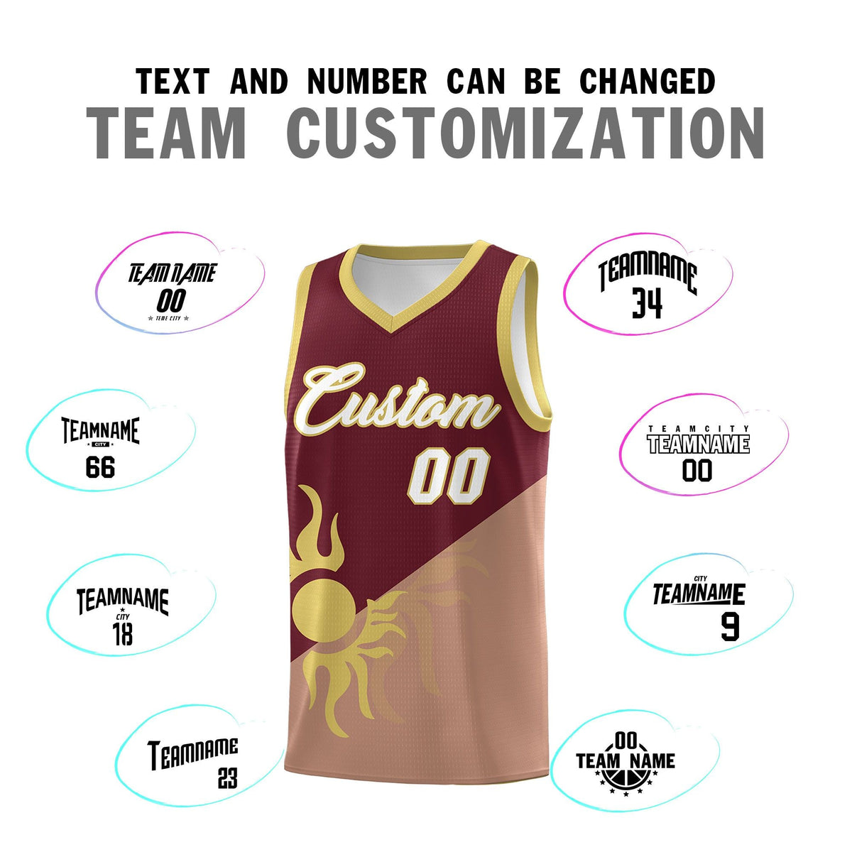 Custom Youth Basketball Jerseys - Maroon Coffee Radiant Sun Design Two Tone Uniforms