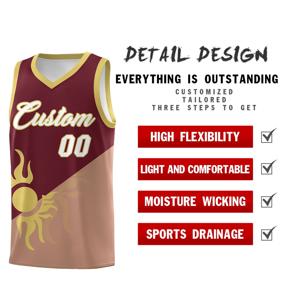 Custom Youth Basketball Jerseys - Maroon Coffee Radiant Sun Design Two Tone Uniforms