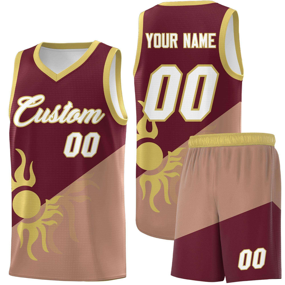 Custom Youth Basketball Jerseys - Maroon Coffee Radiant Sun Design Two Tone Uniforms