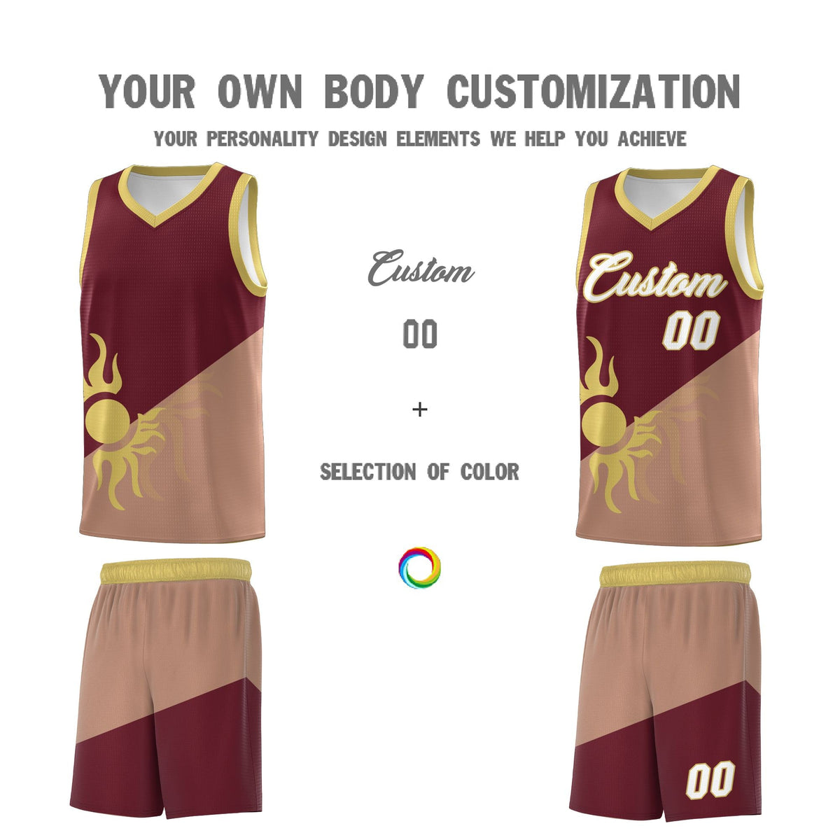 Custom Youth Basketball Jerseys - Maroon Coffee Radiant Sun Design Two Tone Uniforms