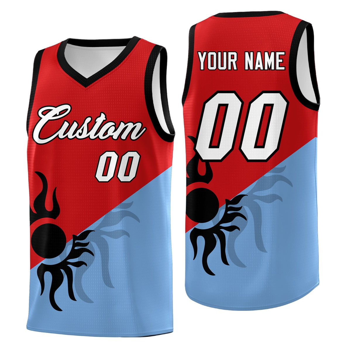Custom Youth Basketball Jerseys - Red Powder Blue Radiant Sun Design Two Tone Uniforms