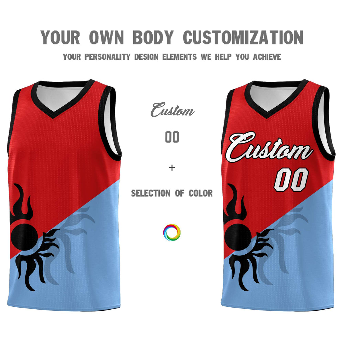 Custom Youth Basketball Jerseys - Red Powder Blue Radiant Sun Design Two Tone Uniforms