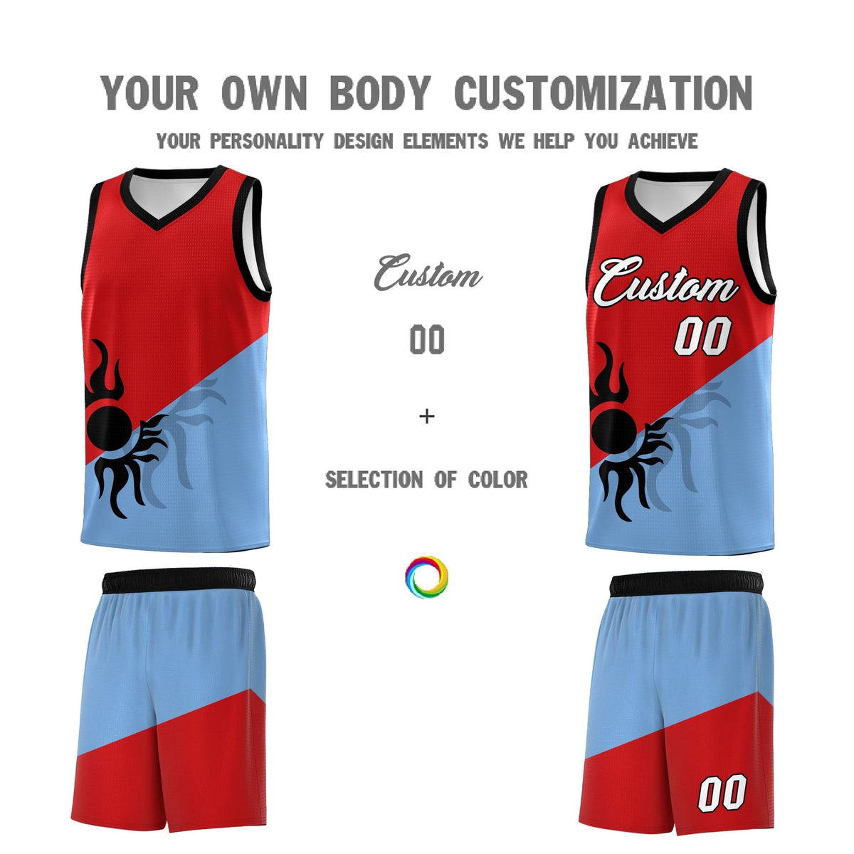 Custom Youth Basketball Jerseys - Red Powder Blue Radiant Sun Design Two Tone Uniforms