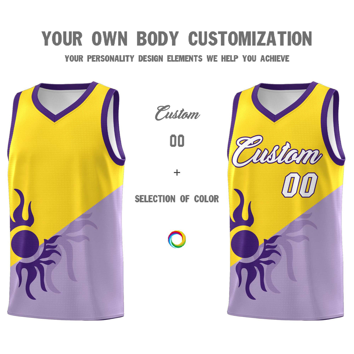 Custom Youth Basketball Jerseys - Light Purple Gold Sunburst Design Two Tone Uniforms