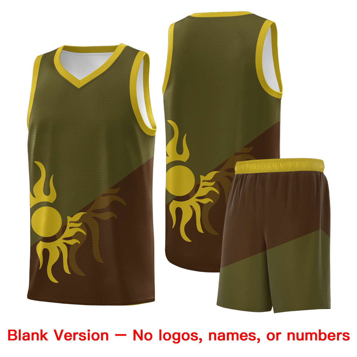 Custom Youth Basketball Jerseys - Brown Olive Radiant Sun Design Two Tone Uniforms