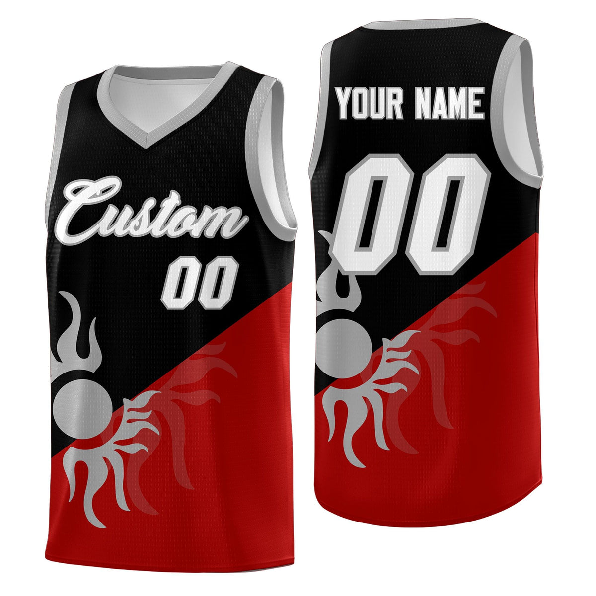 Custom Youth Basketball Jerseys - Black Red Sunburst Design Two Tone Uniforms