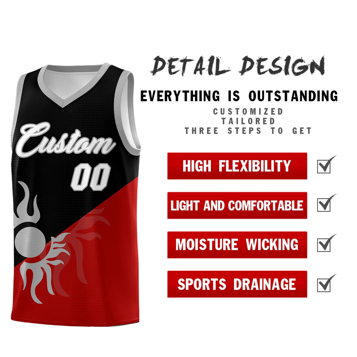 Custom Youth Basketball Jerseys - Black Red Sunburst Design Two Tone Uniforms