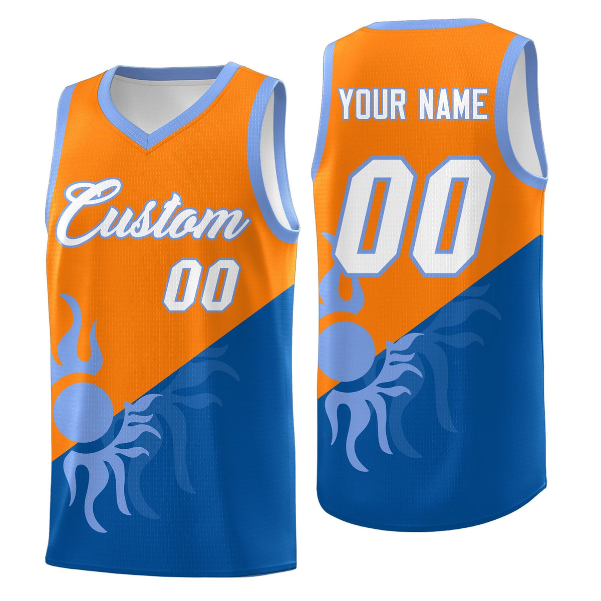 Custom Youth Basketball Jerseys - Royal Orange Sunburst Design Two Tone Uniforms