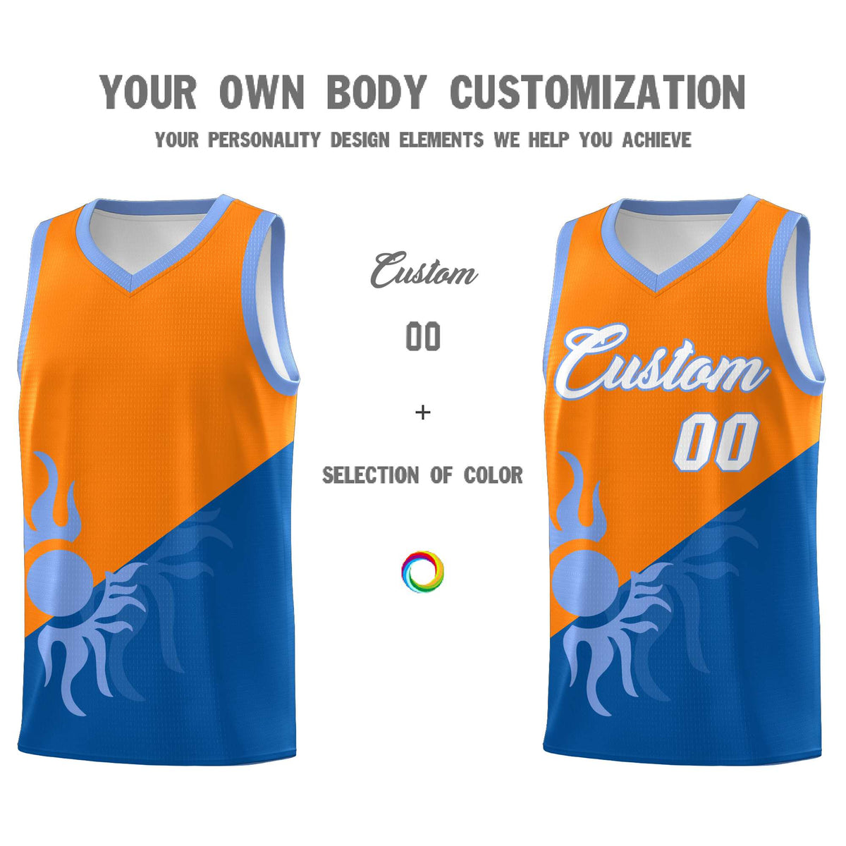 Custom Youth Basketball Jerseys - Royal Orange Sunburst Design Two Tone Uniforms