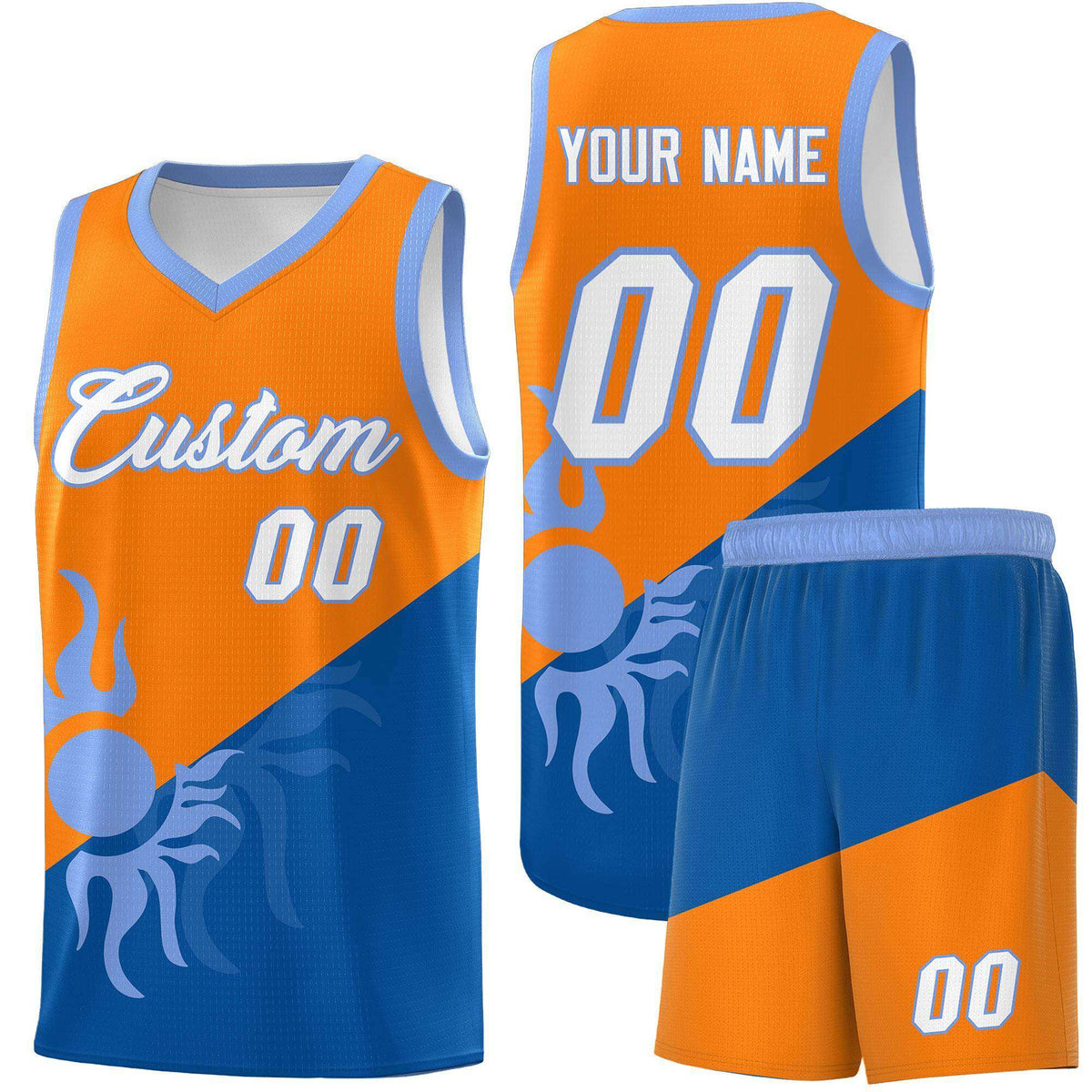 Custom Youth Basketball Jerseys - Royal Orange Sunburst Design Two Tone Uniforms