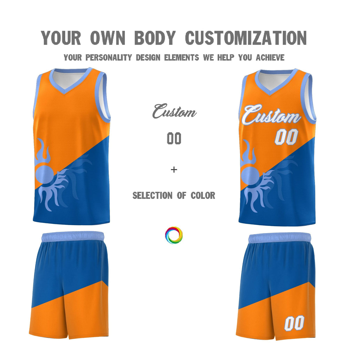 Custom Youth Basketball Jerseys - Royal Orange Sunburst Design Two Tone Uniforms
