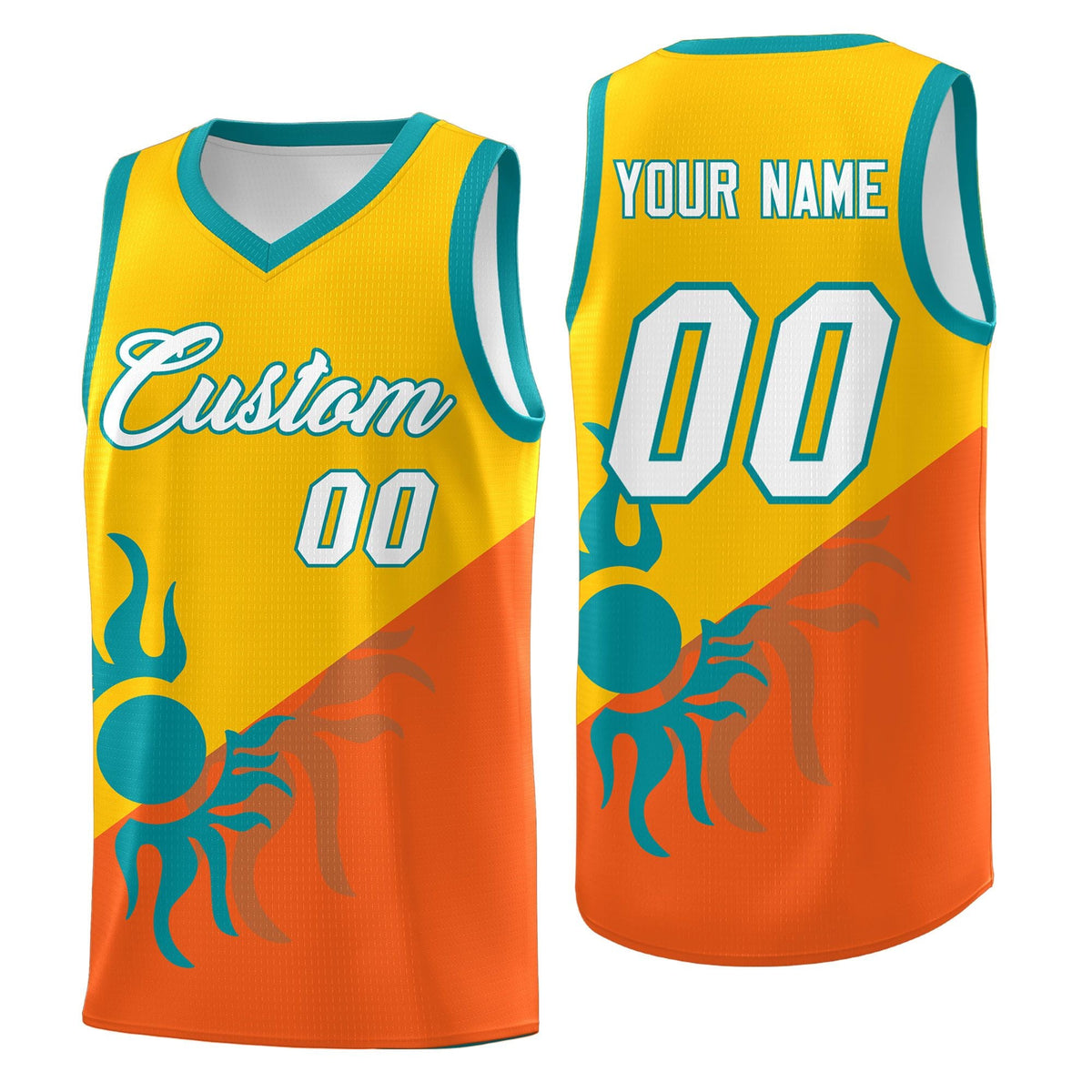 Custom Youth Basketball Jerseys - Yellow Orange Radiant Sun Design Two Tone Uniforms