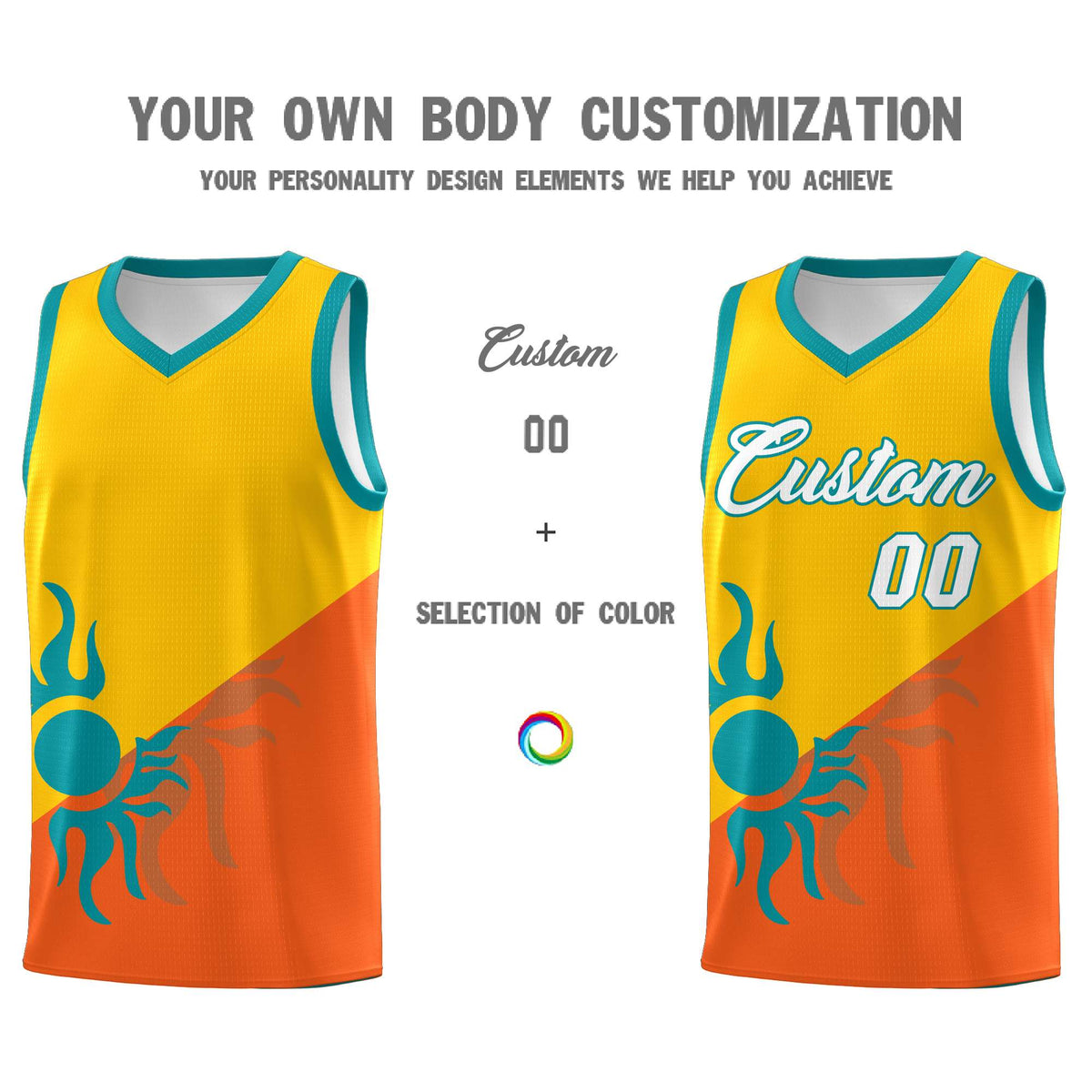 Custom Youth Basketball Jerseys - Yellow Orange Radiant Sun Design Two Tone Uniforms