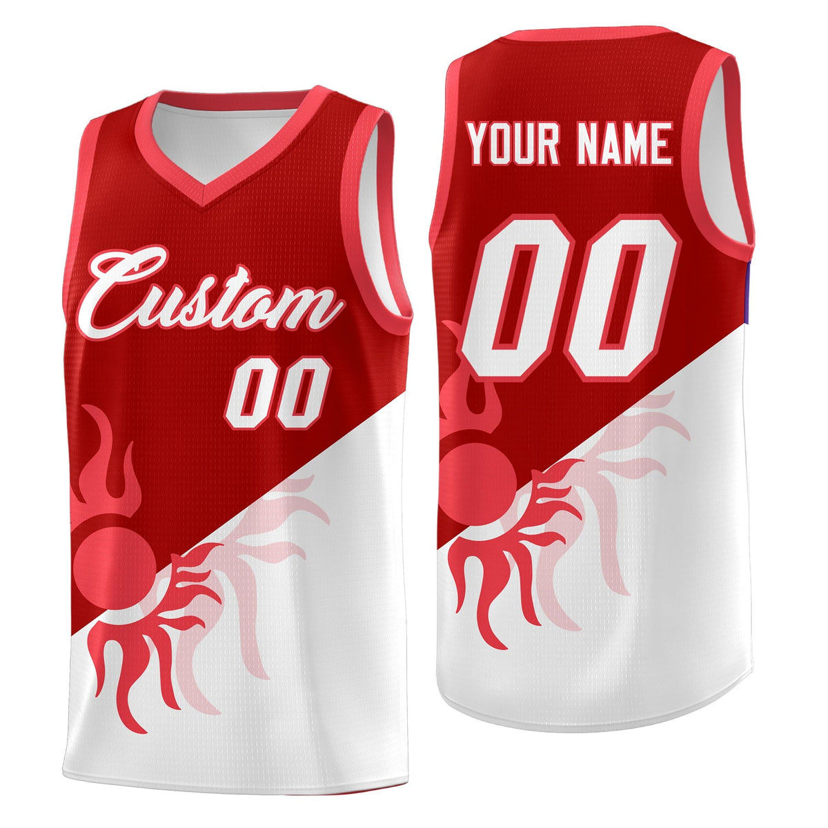 Custom Youth Basketball Jerseys - Red White Sunburst Design Two Tone Uniforms