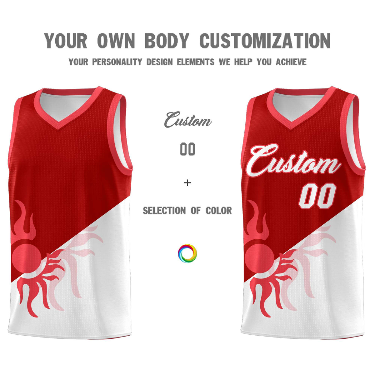 Custom Youth Basketball Jerseys - Red White Sunburst Design Two Tone Uniforms